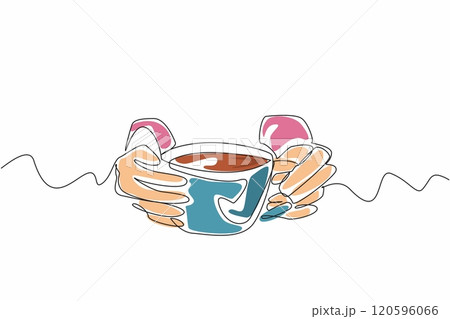 Single line drawing of hands holding a cup of tea. Relaxing beverage concept. National Hot Tea Day. World event. A symphony of flavors in every cup 120596066