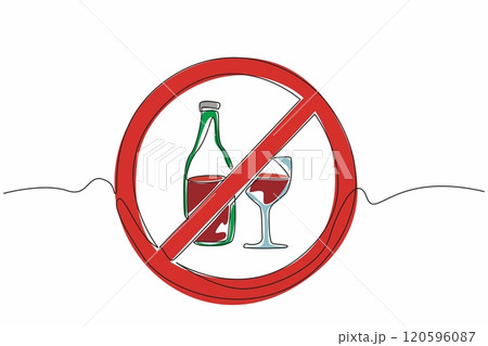 One line drawing of forbidden alcohol bottle and glass. Stop drinking liquor campaign. Urging people to healthy lifestyle with no beer. Dry January 120596087