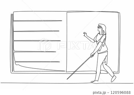 One line drawing of character woman walk by fingering huge braille books, trying to spell the words. Learn to read. International world braille day One line drawing of character woman walk by fingering huge braille books, trying to spell the words. Learn to read. International world braille day 120596088