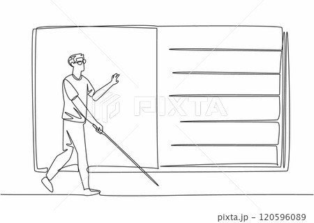Single line drawing of character man walking with stick and touching a giant braille book, trying to read. World Braille Day event. Communication way Single line drawing of character man walking with stick and touching a giant braille book, trying to read. World Braille Day event. Communication way 120596089