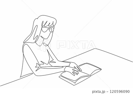 World Braille Day. Continuous line drawing of beauty woman try to read braille language from book. Sit in public library to learn reading ability. World Braille Day. Continuous line drawing of beauty woman try to read braille language from book. Sit in public library to learn reading ability. 120596090