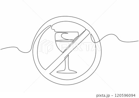 Continuous line drawing of forbidden glass of wine. Dry January abstain alcohol campaign month. Say stop and no to alcohol for self and public health Continuous line drawing of forbidden glass of wine. Dry January abstain alcohol campaign month. Say stop and no to alcohol for self and public health 120596094