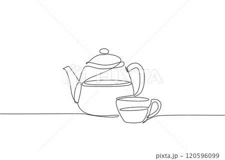 Continuous line drawing glass of brown tea and beauty porcelain tea pot. National Hot Tea Day as modern lifestyle, 12 January. International event Continuous line drawing glass of brown tea and beauty porcelain tea pot. National Hot Tea Day as modern lifestyle, 12 January. International event 120596099
