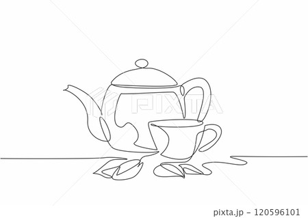 Continuous line drawing of a cup of tea with leaves and Chinese tea pot. Healthy drink of antioxidant and body refreshing. National Hot Tea Day event 120596101