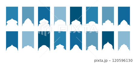 Shape Islamic Windows and arches. Set of Muslim frames in blue colors. Silhouettes of Arabic door. Traditional Vector illustration 120596130