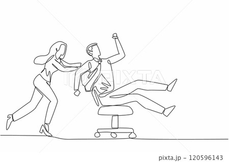 Continuous one line drawing female worker pushing male worker sits on work chair. A peaceful day. Big boss goes on business trip. National Fun at Work Day. Single line draw design vector illustration 120596143