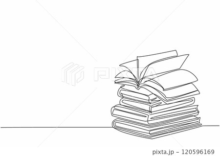National Thesaurus Day. One single line stack of books with open page book above it. High educational concept. Continuous line draw vector graphic illustration artwork National Thesaurus Day. One single line stack of books with open page book above it. High educational concept. Continuous line draw vector graphic illustration artwork 120596169