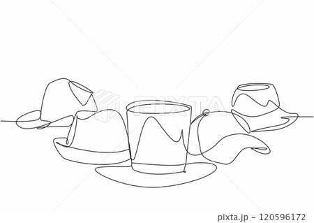 National Hat Day. Annual celebration event. One single line drawing of various type of caps lined up. Formal, relax, casual, and classic hats version. Fashionable headgear concept. Vector art design 120596172