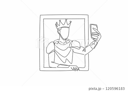 One continuous line drawing of young handsome medieval man inside a antique painting frame puts out his hand and takes a selfie. Prince wearing the gold crown of kingdom symbol. Museum Selfie Day 120596183
