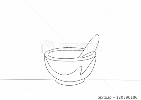 One continuous line drawing of ceramic mortar and pestle for grinding pill and tablet to turn into capsule. National Pharmacist Day. Mixing medicine at drug store concept. One continuous line drawing of ceramic mortar and pestle for grinding pill and tablet to turn into capsule. National Pharmacist Day. Mixing medicine at drug store concept. 120596186