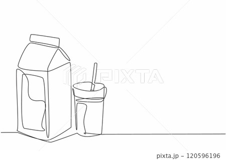 National Milk Day. One single line drawing of almond milk with paper box packaging and glass with straw beside it. Healthy fresh dairy beverage conceptual. Daily health drink. Continuous line draw art 120596196