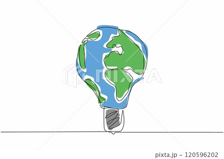 One single line drawing of light bulb lamp with earth globe surface. World Logic Day. Creative logical idea campaign concept. Template for banner, background, poster, flyer. Vector design artwork 120596202