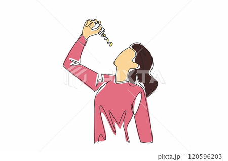 One continuous line drawing of beauty woman eat dietary capsule to run diet program. National Pharmacist Day. Recommendation from dietitian, lose weight concept. Vector illustration graphic design art 120596203