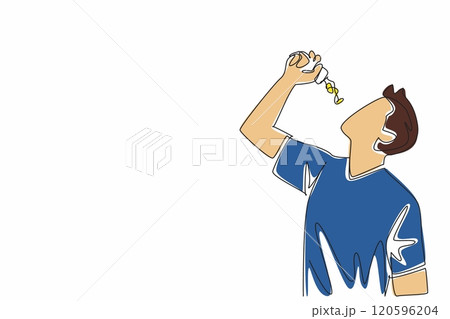 National Pharmacist Day. One single line drawing of young handsome man drink medicines to treat his disease. Patient cure treatment with medical procedure. Vector illustration graphic art design 120596204