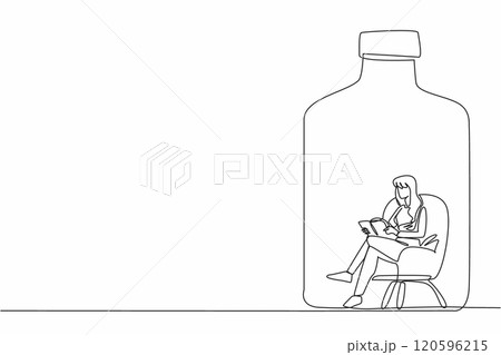 One single line draw young beauty woman sit on comfy sofa seat, reading a novel book inside of big glass bottle. Alone but not lonely concept. World Introvert Day. World event. Psychological problem One single line draw young beauty woman sit on comfy sofa seat, reading a novel book inside of big glass bottle. Alone but not lonely concept. World Introvert Day. World event. Psychological problem 120596215