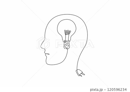 World Logic Day. Single one line drawing of human head made of wire cable with bulb lamp inside. Creative idea conceptual. New invention that com from critical thinking. Continuous line draw design World Logic Day. Single one line drawing of human head made of wire cable with bulb lamp inside. Creative idea conceptual. New invention that com from critical thinking. Continuous line draw design 120596234