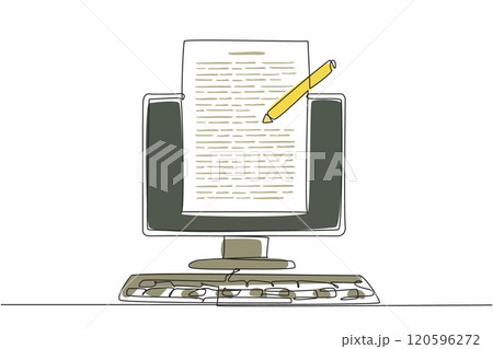 Continuous one line drawing paper, pencil and monitor keyboard. Computer monitors used for text editing. Complete each other. National Screenwriters Day. Single line draw design vector illustration Continuous one line drawing paper, pencil and monitor keyboard. Computer monitors used for text editing. Complete each other. National Screenwriters Day. Single line draw design vector illustration 120596272
