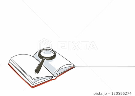 Happy National Thesaurus Day. One continuous line drawing of opened book full of important information with magnifying glass laying above it. College lesson textbook concept. Single line draw design Happy National Thesaurus Day. One continuous line drawing of opened book full of important information with magnifying glass laying above it. College lesson textbook concept. Single line draw design 120596274