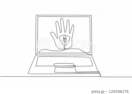 Continuous one line drawing shielded and locked palm in middle of the laptop screen. Two security verifications. Fingerprint. Password. Data Privacy Day. Single line draw design vector illustration 120596276