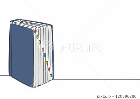 National Thesaurus Day. One continuous line drawing of standing thick dictionary book with some bookmarks. College educational concept. Single line vector illustration graphic design artwork National Thesaurus Day. One continuous line drawing of standing thick dictionary book with some bookmarks. College educational concept. Single line vector illustration graphic design artwork 120596280