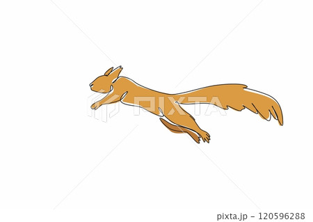 Single continuous line drawing squirrel is jumping. Natural behavior. Running. Avoiding incoming threats. Funny pets. Wildlife. National Squirrel Appreciation Day. One line design vector illustration Single continuous line drawing squirrel is jumping. Natural behavior. Running. Avoiding incoming threats. Funny pets. Wildlife. National Squirrel Appreciation Day. One line design vector illustration 120596288