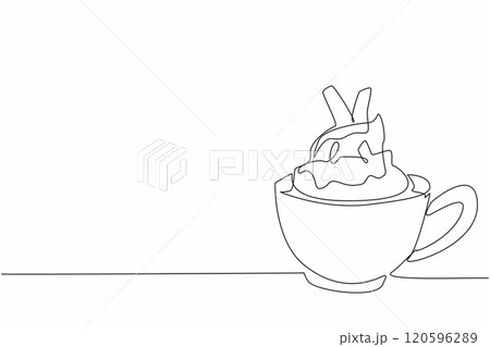 Continuous one line drawing the cup with chocolate drink and whipped cream. Creamy in the mouth. Very delicious in every sip. National Hot Chocolate Day. Single line draw design vector illustration 120596289