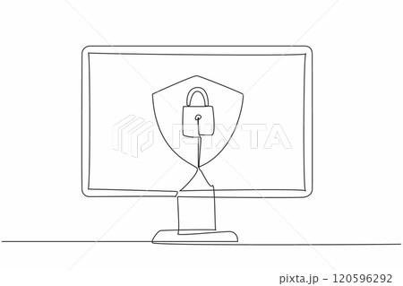 Single one line drawing shield and padlock in the middle of the computer monitor. Computer use two security systems. Protecting. Secure. Data Privacy Day. Continuous line design graphic illustration Single one line drawing shield and padlock in the middle of the computer monitor. Computer use two security systems. Protecting. Secure. Data Privacy Day. Continuous line design graphic illustration 120596292