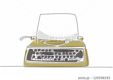 Continuous one line drawing typewriter with paper inside. Vintage equipment. Technology with a distinctive sound on the buttons. National Screenwriters Day. Single line draw design vector illustration Continuous one line drawing typewriter with paper inside. Vintage equipment. Technology with a distinctive sound on the buttons. National Screenwriters Day. Single line draw design vector illustration 120596293