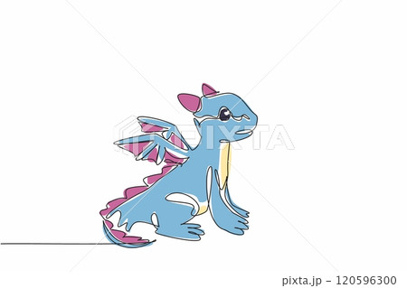 Continuous single line drawing of cute baby dragon standing on the ground. Adorable fairytale cartoon character. Illustration for kids story book. Appreciate a Dragon Day. Vector art graphic design 120596300