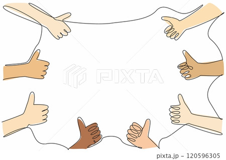 Single continuous line drawing some hands make a thumbs up gesture. Symbol of appreciation from some people. Approval. Pleasant deeds. National Screenwriters Day. One line design vector illustration Single continuous line drawing some hands make a thumbs up gesture. Symbol of appreciation from some people. Approval. Pleasant deeds. National Screenwriters Day. One line design vector illustration 120596305
