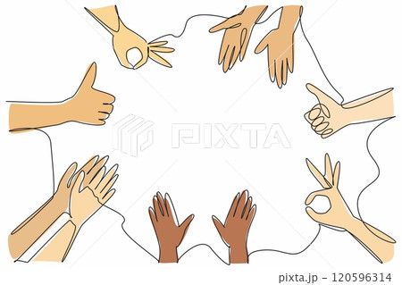 Single one line drawing several hands with several kinds of gestures. Get recognition and praise. Surrounded by positive aura. National Screenwriters Day. Continuous line design graphic illustration Single one line drawing several hands with several kinds of gestures. Get recognition and praise. Surrounded by positive aura. National Screenwriters Day. Continuous line design graphic illustration 120596314