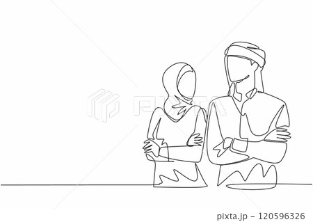 Continuous one line drawing young Arabian man and woman couple looking at each other. Blush. Smile then get nervous. Sweetheart. National Spouses Day. Single line draw design vector illustration Continuous one line drawing young Arabian man and woman couple looking at each other. Blush. Smile then get nervous. Sweetheart. National Spouses Day. Single line draw design vector illustration 120596326