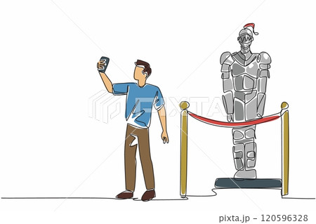 Museum Selfie Day. One single line drawing of young man museum visitor taking selfie with original medieval guard in steel knight armor by smartphone camera at historic exhibition hall Museum Selfie Day. One single line drawing of young man museum visitor taking selfie with original medieval guard in steel knight armor by smartphone camera at historic exhibition hall 120596328