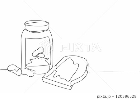 Single continuous line drawing jar of peanut butter and bread smeared with it. Scattered nut. Combination of deliciousness at breakfast. National Peanut Butter Day. One line design vector illustration Single continuous line drawing jar of peanut butter and bread smeared with it. Scattered nut. Combination of deliciousness at breakfast. National Peanut Butter Day. One line design vector illustration 120596329