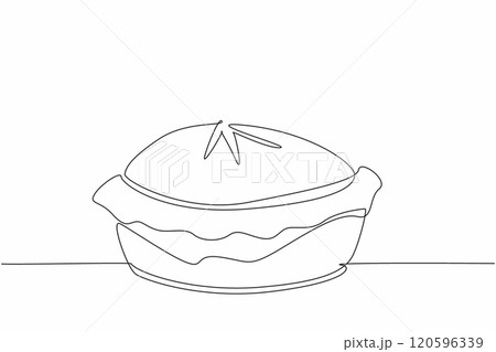 Continuous one line drawing pie seen from the side. Fresh from the oven. Enjoy immediately while it's warm. Delicious. Tasty. Savory. National Pie Day. Single line draw design vector illustration 120596339