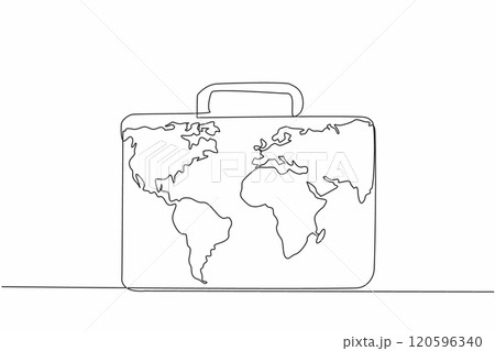 Single continuous line drawing the briefcase with world map in the middle. Customs officers' business travel bag. Registered. Compliant. International Customs Day. One line design vector illustration Single continuous line drawing the briefcase with world map in the middle. Customs officers' business travel bag. Registered. Compliant. International Customs Day. One line design vector illustration 120596340