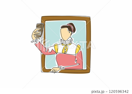 Museum Selfie Day. One single line drawing of young beauty medieval woman inside a painting frame puts out her hand and takes a selfie. Royal princess. Annual international celebration event 120596342