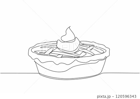 Single continuous line drawing pie with cream on top. Sweet and savory from whipped cream. Adds deliciousness when chewed in the mouth. Tasty. National Pie Day. One line design vector illustration 120596343