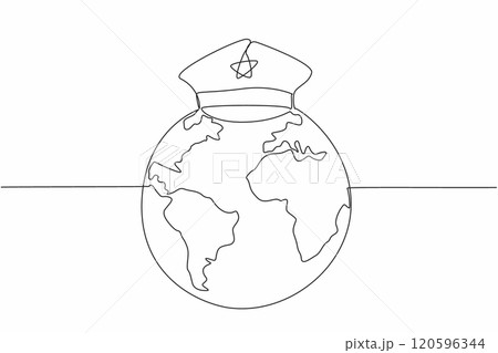 Continuous one line drawing police hat on globe. Guarding border. Monitoring taxable goods coming in and out. Income for country. International Customs Day. Single line draw design vector illustration 120596344