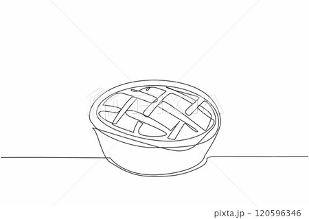 Single one line drawing pie with woven lines. Filled with fruit for freshness in the mouth. Traditional snacks with classic shape. Tasty. National Pie Day. Continuous line design graphic illustration 120596346