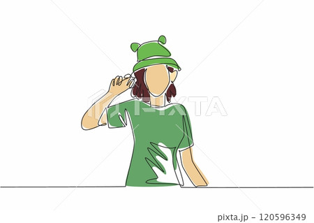 Continuous single line drawing of young beauty and energetic woman wearing funny cute frog animal character hat. Vector graphic illustration. National Hat Day 120596349