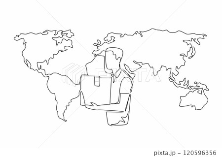 Single one line drawing man carrying package with world map background. Register at customs for good newly brought from abroad. International Customs Day. Continuous line design graphic illustration Single one line drawing man carrying package with world map background. Register at customs for good newly brought from abroad. International Customs Day. Continuous line design graphic illustration 120596356
