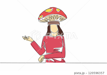 National Hat Day. Single continuous line drawing of young beauty attractive woman wearing funny cushion hat of mushroom plant. Unique and fun fashion concept. One line draw vector illustration artwork National Hat Day. Single continuous line drawing of young beauty attractive woman wearing funny cushion hat of mushroom plant. Unique and fun fashion concept. One line draw vector illustration artwork 120596357