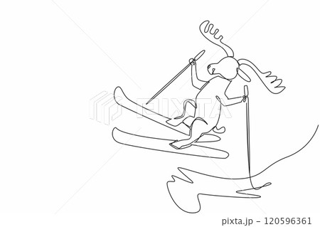 Single continuous line drawing moose skiing on snow mountain. Recreation. Holiday. Vacation. Best way to spend time in winter. Not staying at home. World Snow Day. One line design vector illustration Single continuous line drawing moose skiing on snow mountain. Recreation. Holiday. Vacation. Best way to spend time in winter. Not staying at home. World Snow Day. One line design vector illustration 120596361