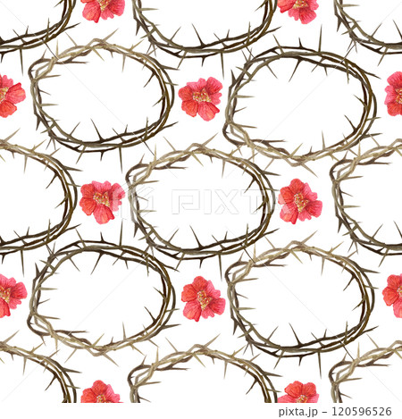 Crown of thorns with pomegranate flowers watercolor seamless pattern isolated on white. High quality art for posters, stickers, Easter, Passover, Holy Thursday, christening baptism decor and design Crown of thorns with pomegranate flowers watercolor seamless pattern isolated on white. High quality art for posters, stickers, Easter, Passover, Holy Thursday, christening baptism decor and design 120596526