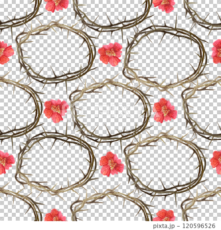 Crown of thorns with pomegranate flowers watercolor seamless pattern isolated on white. High quality art for posters, stickers, Easter, Passover, Holy Thursday, christening baptism decor and design Crown of thorns with pomegranate flowers watercolor seamless pattern isolated on white. High quality art for posters, stickers, Easter, Passover, Holy Thursday, christening baptism decor and design 120596526