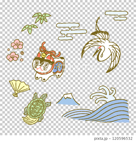 Cute illustrations of lucky charms such as cranes, turtles, and dog dolls Cute illustrations of lucky charms such as cranes, turtles, and dog dolls 120596532