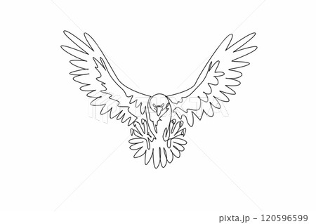 National Bird Day. One continuous line drawing of strong bald eagle posing ready to fly attack its prey. Wide open its feather wings. Template for poster, banner, flyer, background. Vector graphic 120596599