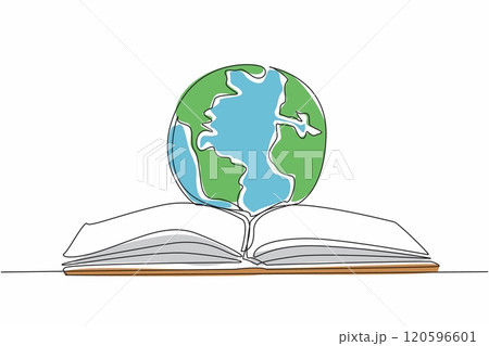 Single one line drawing globe in the middle of open book. Symbol. Metaphor. Reading books opens up literacy about the world. International Day of Education. Continuous line design graphic illustration Single one line drawing globe in the middle of open book. Symbol. Metaphor. Reading books opens up literacy about the world. International Day of Education. Continuous line design graphic illustration 120596601