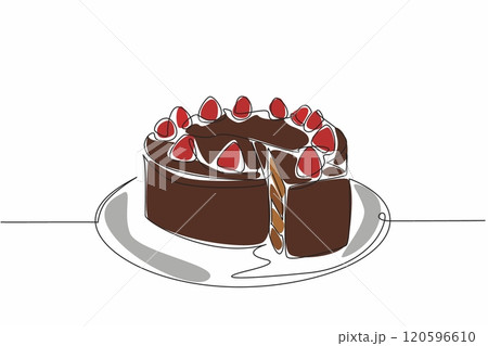 Single one line drawing round chocolate cake with strawberry topping. One piece for loved ones first. Sweet and soft in mouth. National Chocolate Cake Day. Continuous line design graphic illustration Single one line drawing round chocolate cake with strawberry topping. One piece for loved ones first. Sweet and soft in mouth. National Chocolate Cake Day. Continuous line design graphic illustration 120596610